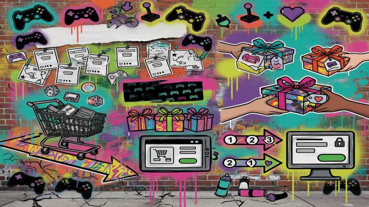 Abstrakte Gaming-Kollage mit Wunschliste, Geschenkbox und Store-Karten ohne Logos