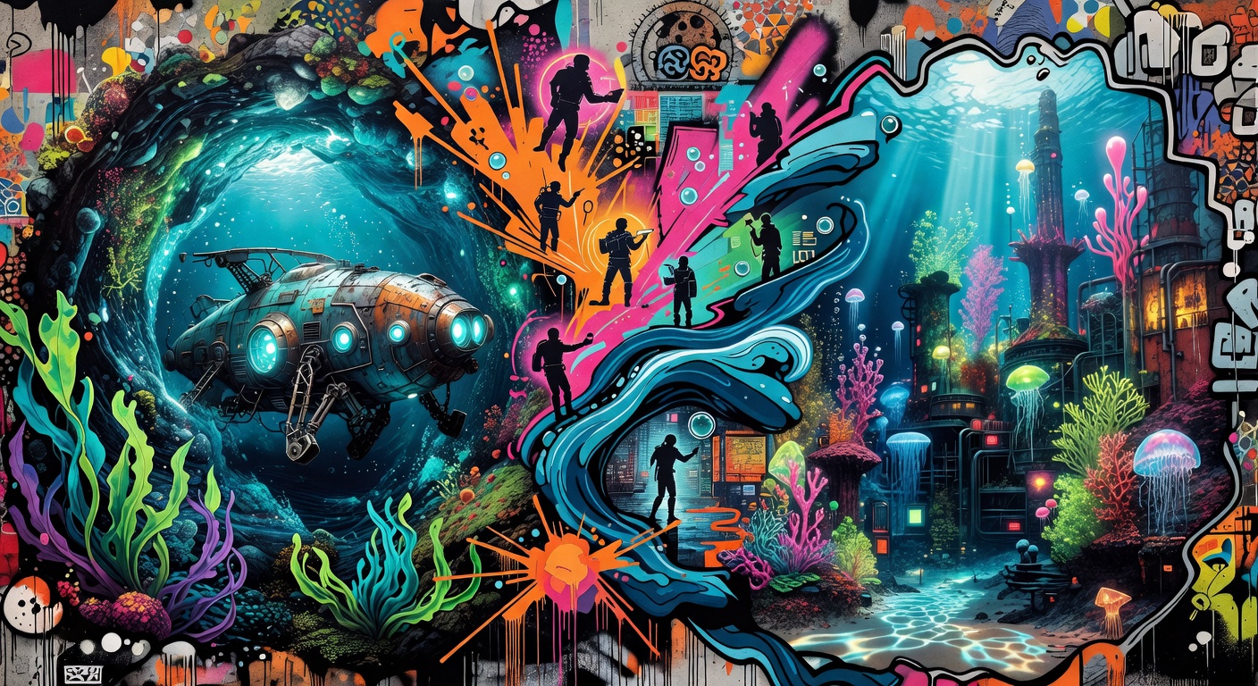 Abstrakte Unterwasserlandschaft mit futuristischen Werkzeugen ohne Logos oder bekannte Figuren
