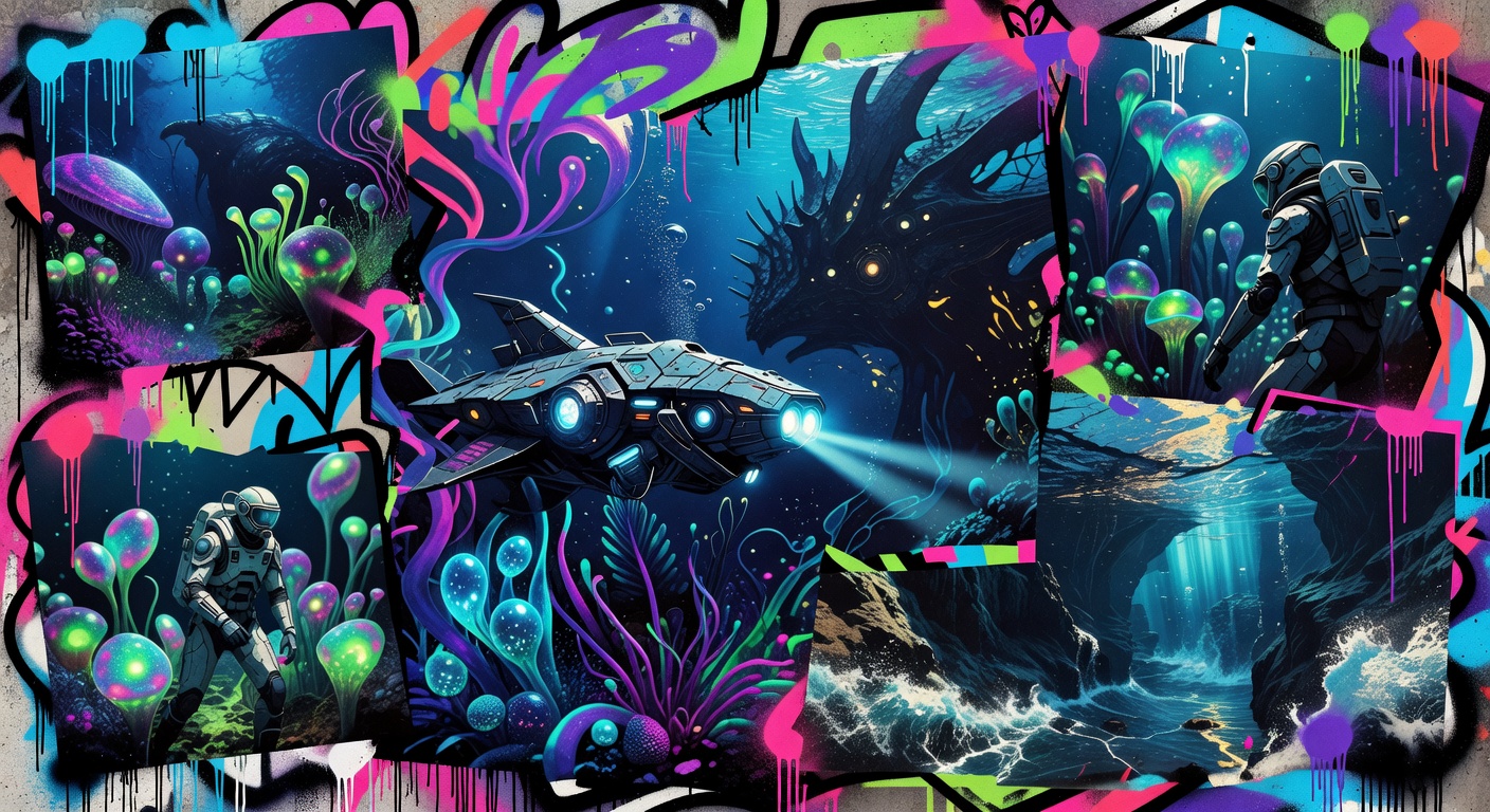 Abstrakte Unterwasser-Szene mit Gerichtssymbolik und futuristischer Forschungsstation