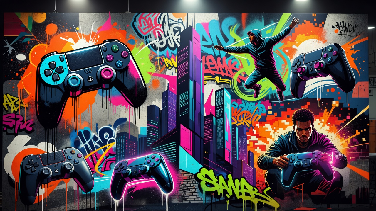 Generische PS5-Gaming-Collage mit futuristischen Landschaften und Action-Szenen im bunten Street-Art-Stil ohne Logos oder bekannte Figuren