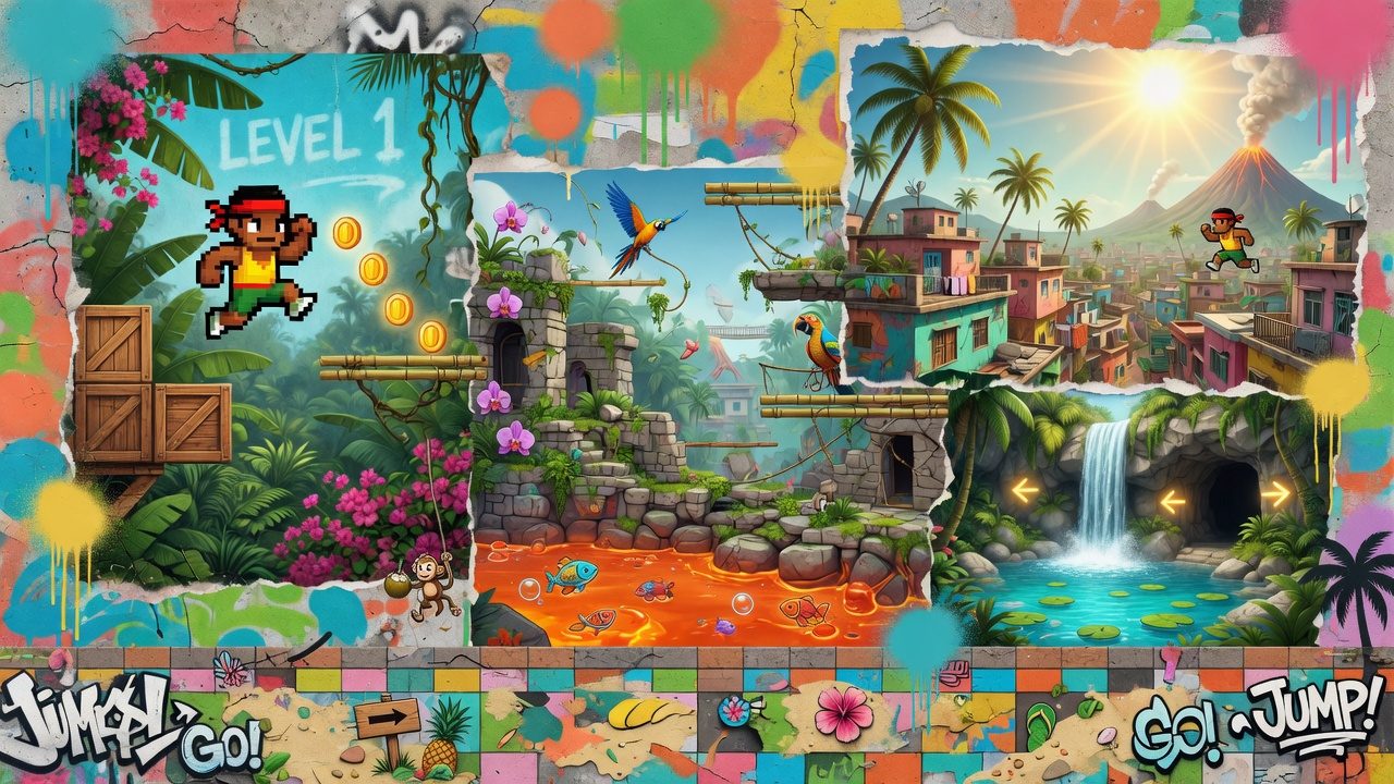 Sommerliche Jump-and-Run-Collage mit tropischer Insel, Wasserstrahlen und Retro-Plattformen ohne Logos