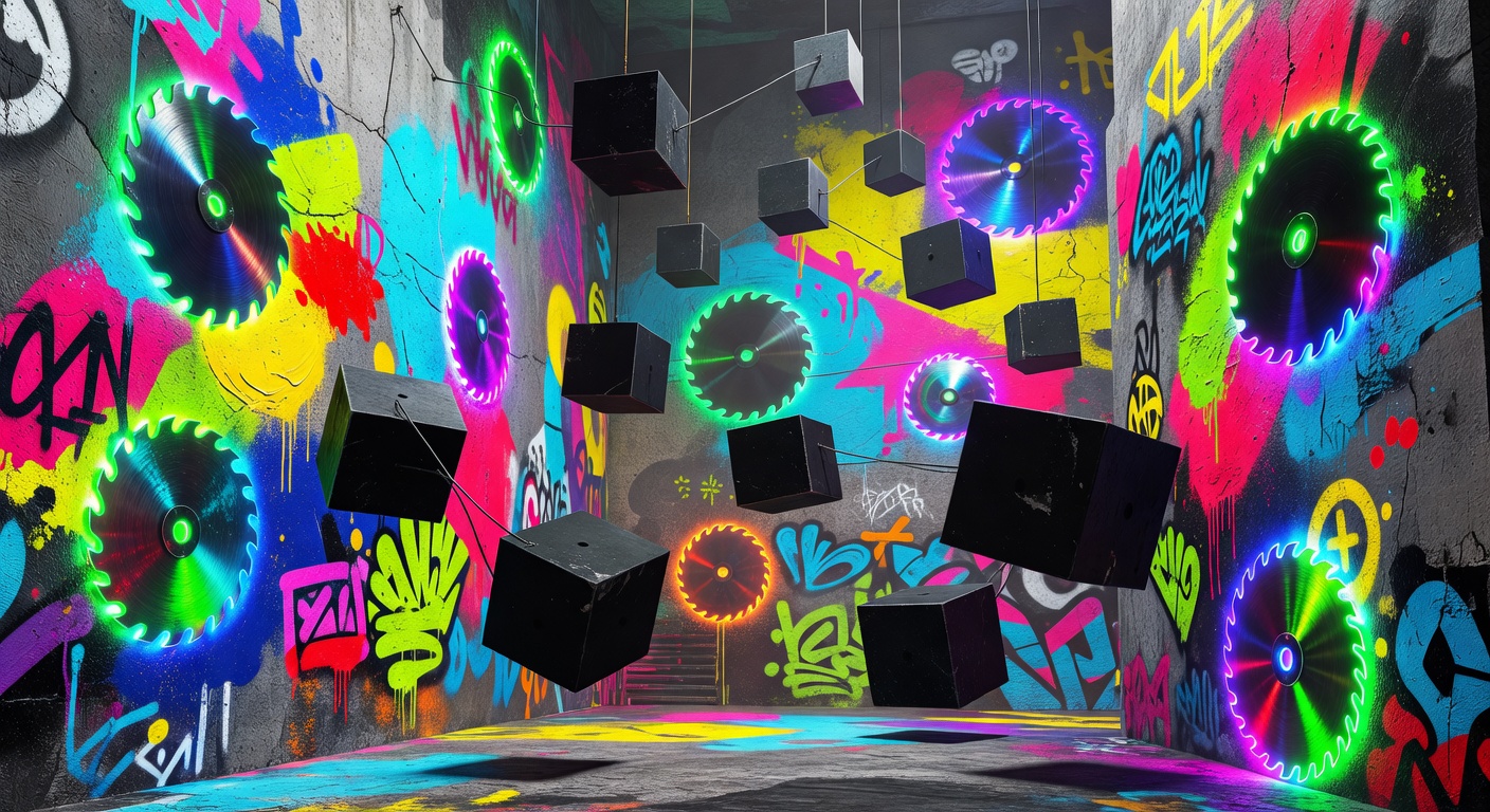 Generisches 3D-Platforming-Headerbild mit Hindernissen und Neonfarben