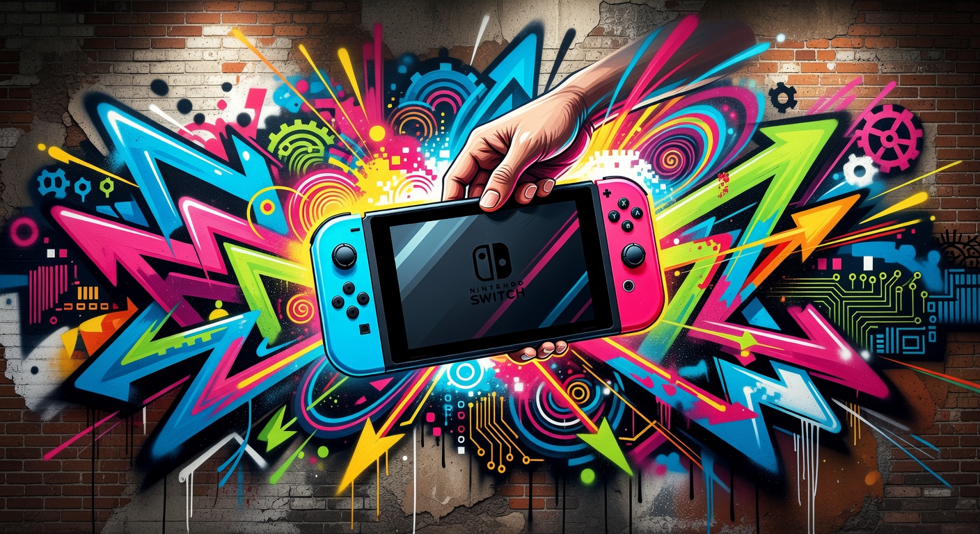 Abstrakte Gaming-Handheld-Szene mit leuchtenden Farben und dynamischen Formen