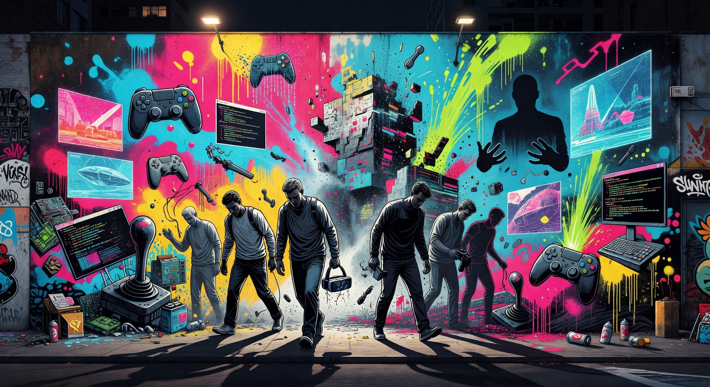 Abstrakte Darstellung eines Game-Studios zwischen KI-Tools und Teamumbau