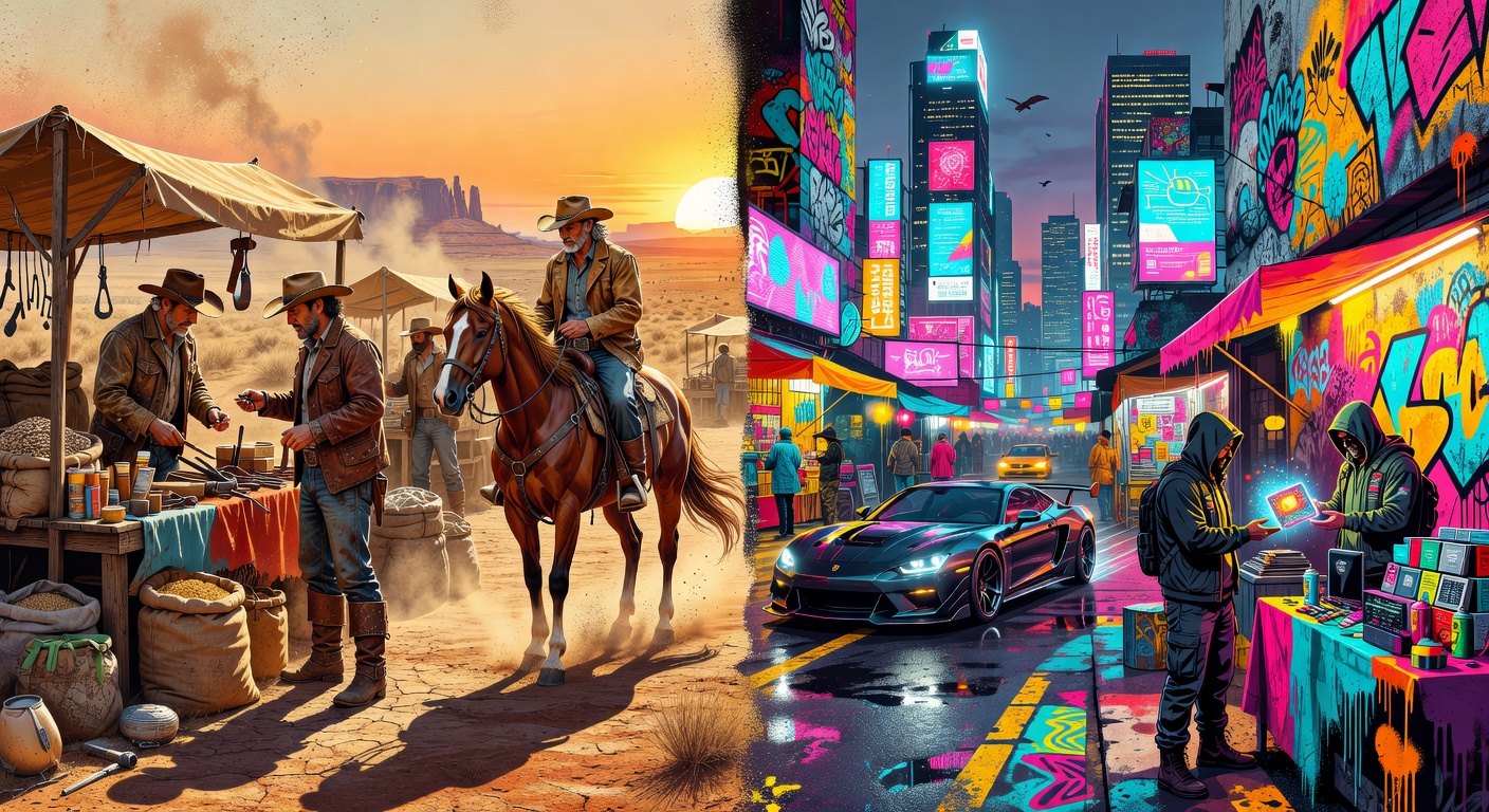 Abstrakte Western-Stadt mit Neonlichtern als Symbol für Red Dead Online und GTA-Online-Vergleich