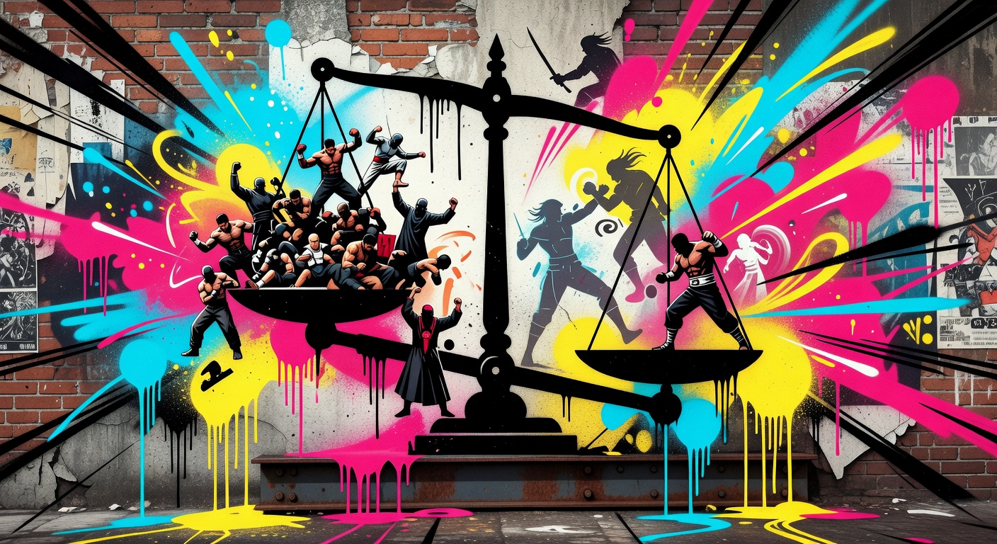 Symbolisches Fighting-Game-Duell mit Patch-Notizen auf Monitoren