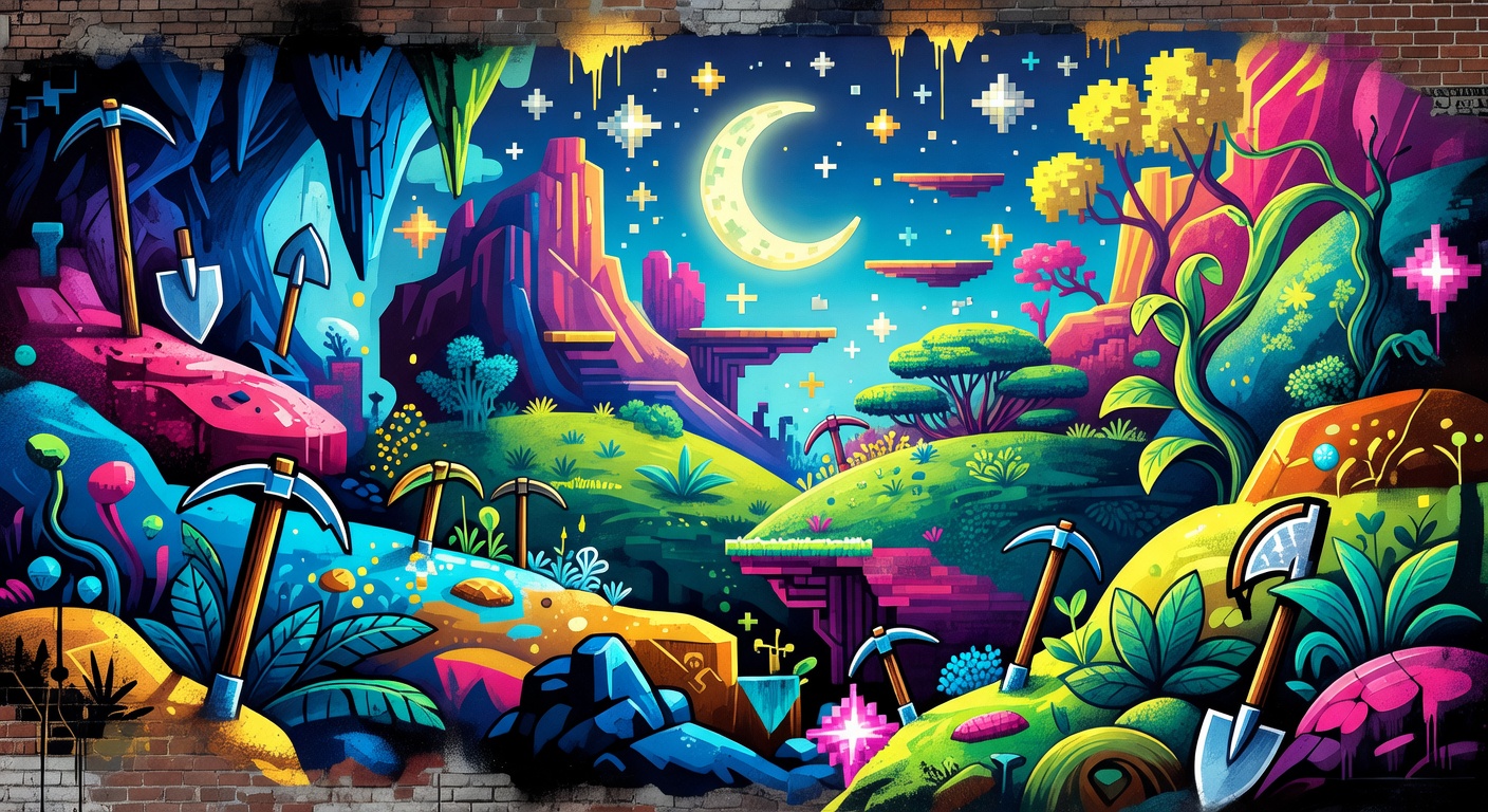 Bunte Pixel-Fantasy-Landschaft als generische Gaming-Collage ohne Logos