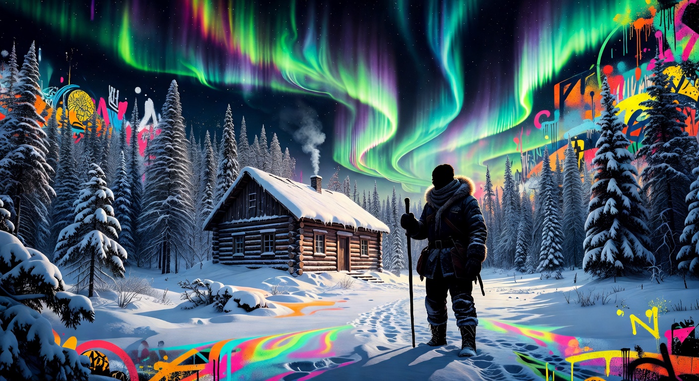 Abstrakte Survival-Collage mit verschneiter Wildnis, Hütte und kalter Morgenstimmung