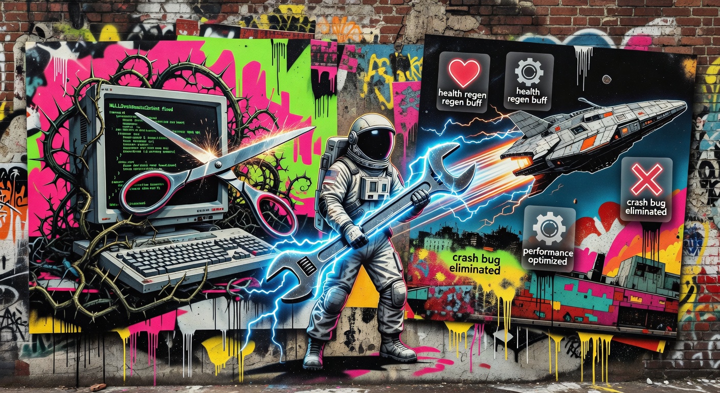 The Outer Worlds 2 inspiriertes Sci-Fi-Action-Motiv mit Patch- und Bugfix-Vibe