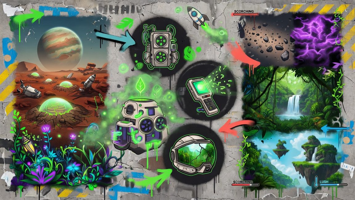 Bunte Sci-Fi-Collage mit fremdem Planeten, Basisbau und Terraforming-Landschaft ohne Logos