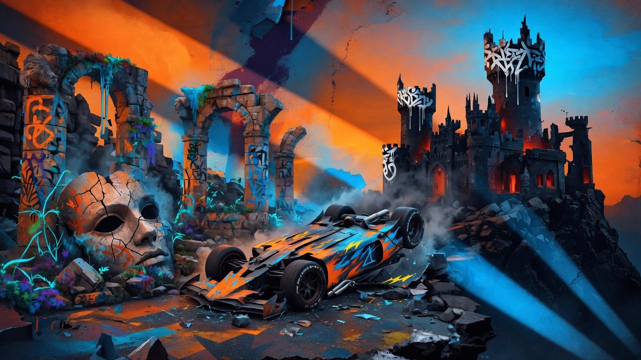 Dramatische Fantasy- und Racing-Collage mit antiker Statue, zerstörtem Auto und düsterer Burg ohne Logos