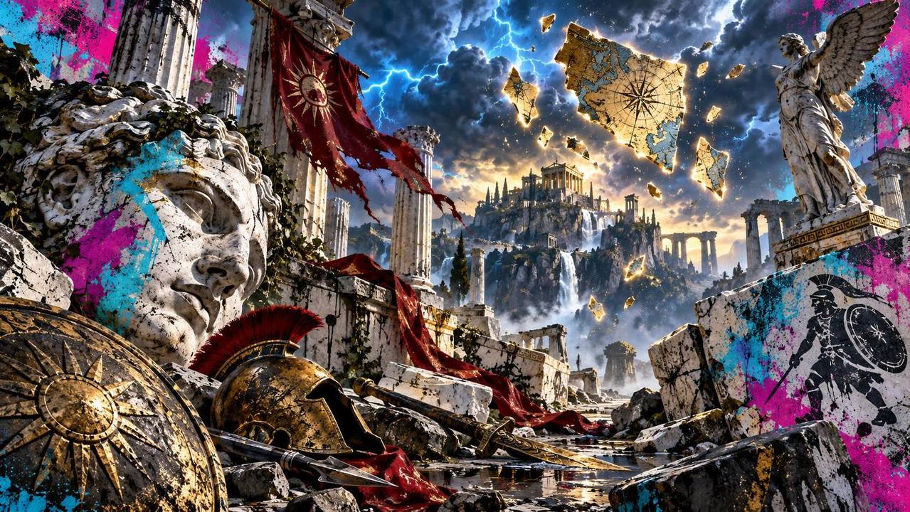 Bunte Street-Art-Collage mit antiken Ruinen, Waffen und leuchtenden Kartenfragmenten ohne Logos oder Text