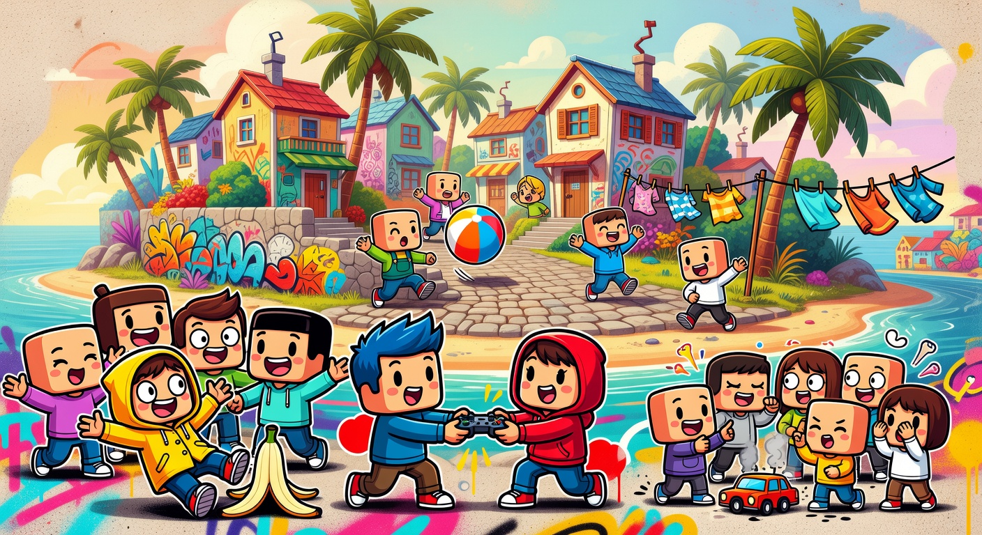 Buntes Insel-Leben mit generischen Avataren im Simulationstil