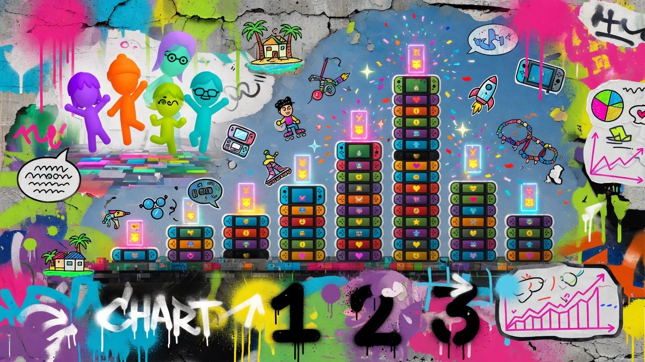 Bunte Gaming-Collage mit Inselsymbolen, Konsolen-Silhouetten und Ranglistenoptik ohne Logos oder Figuren