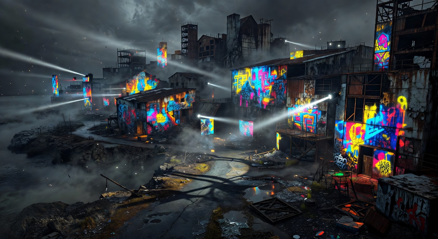 Düstere, generische Survival-Horror-Gaming-Collage mit verlassener Insel, Nebel und Neonakzenten ohne Logos oder bekannte Figuren