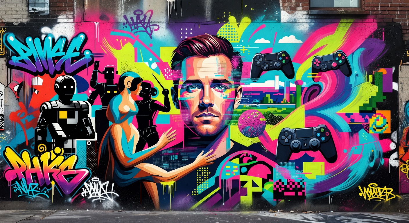Abstrakte Street-Art-Collage mit Mikrofon, Studiolicht und digitalen Wellenformen ohne Logos
