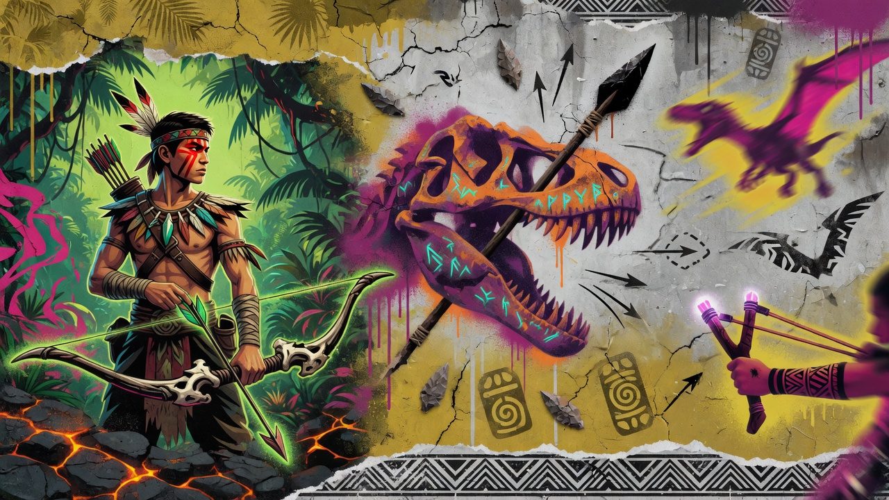 Wilde Sci-Fi-Dschungel-Collage mit Dinosauriern, futuristischen Waffen und drei Jägern im Street-Art-Stil ohne Logos oder bekannte Figuren