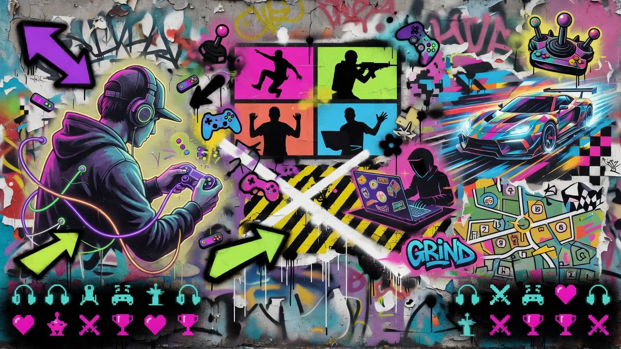 Futuristische PC-Community-Collage mit Testbildschirmen, Notizen und stilisierten Entwickler-Workflows ohne Logos