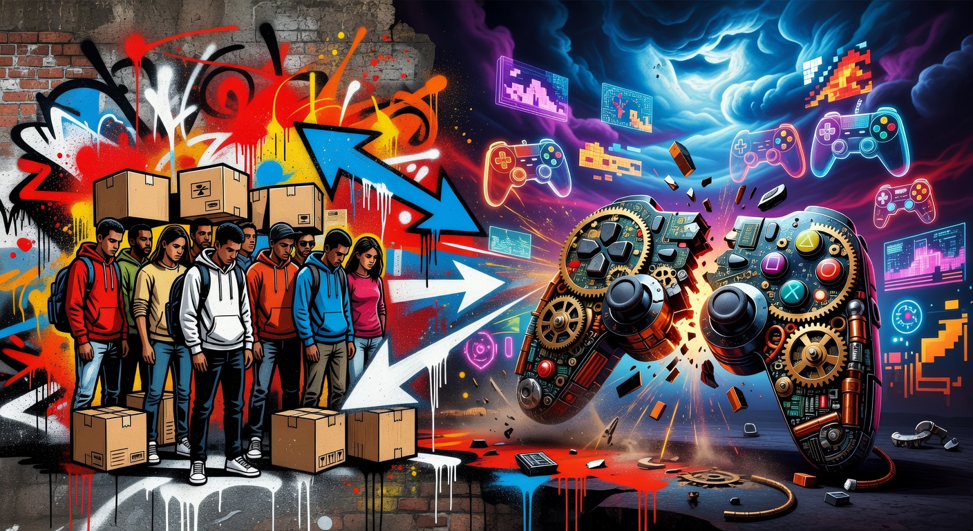 Symbolisches Studio-Office mit leeren Arbeitsplätzen und Gaming-Entwicklungsmonitoren