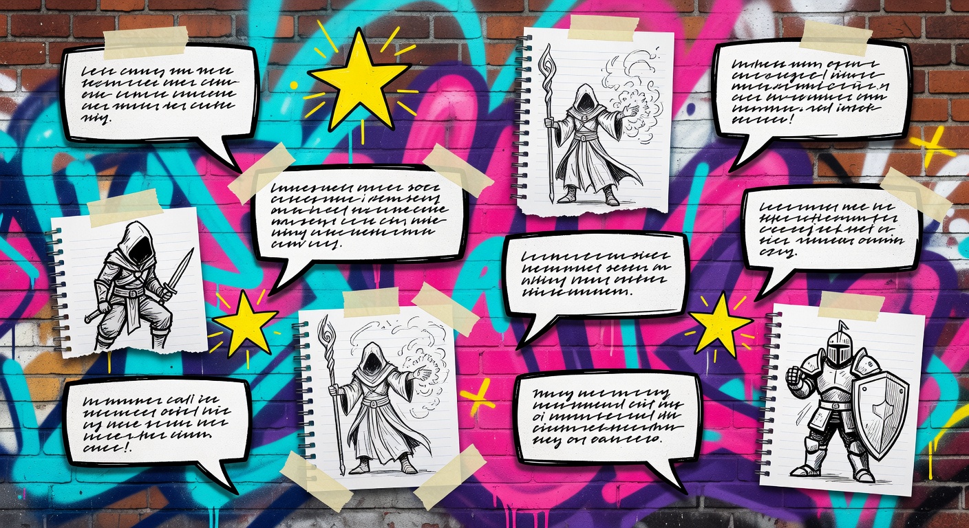 Abstrakte Indie-RPG-Collage mit Dialogfenstern, Sternenhimmel und Notizsymbolen ohne bekannte Figuren oder Logos