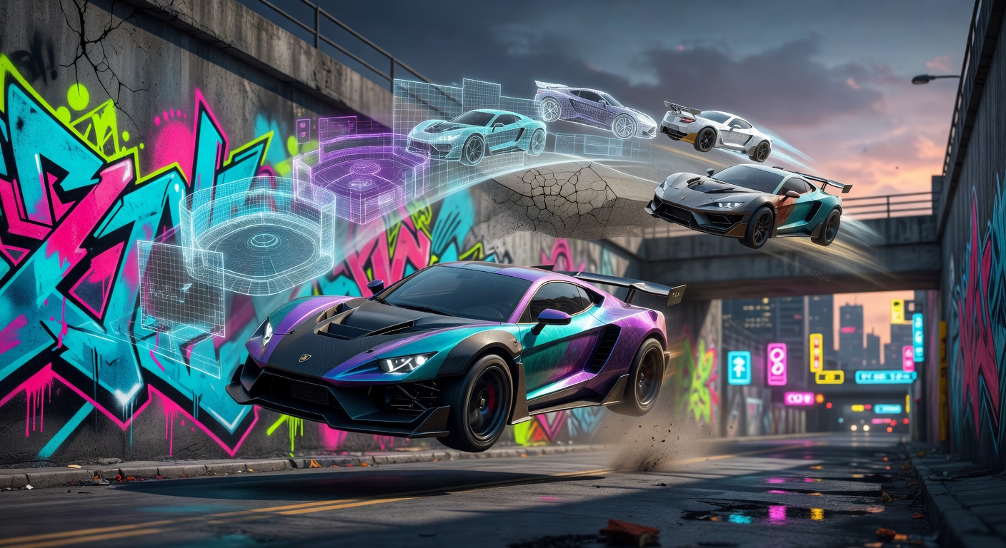 Abstrakte Szene mit futuristischen Rennwagen, Stadionlichtern und technischen Interface-Elementen ohne Logos