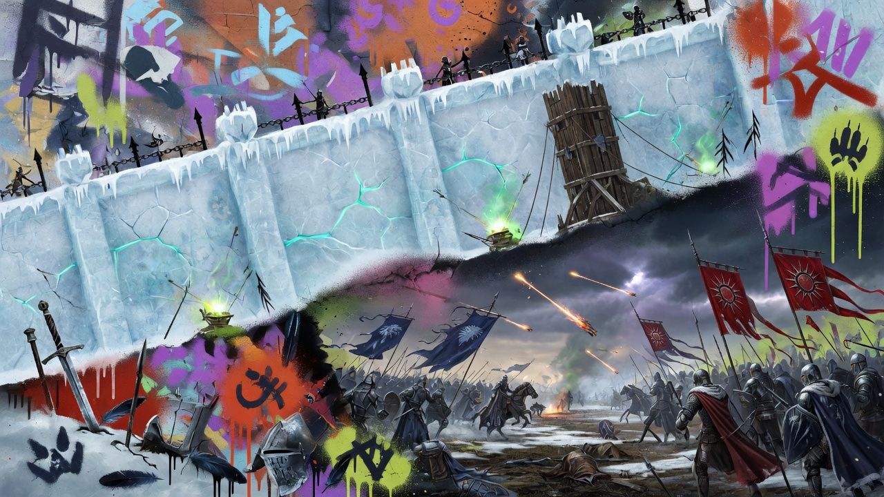 Düstere Fantasy-Strategie-Collage mit vereister Mauer, mittelalterlichem Schlachtfeld und stilisierten Armeen ohne Logos oder bekannte Figuren