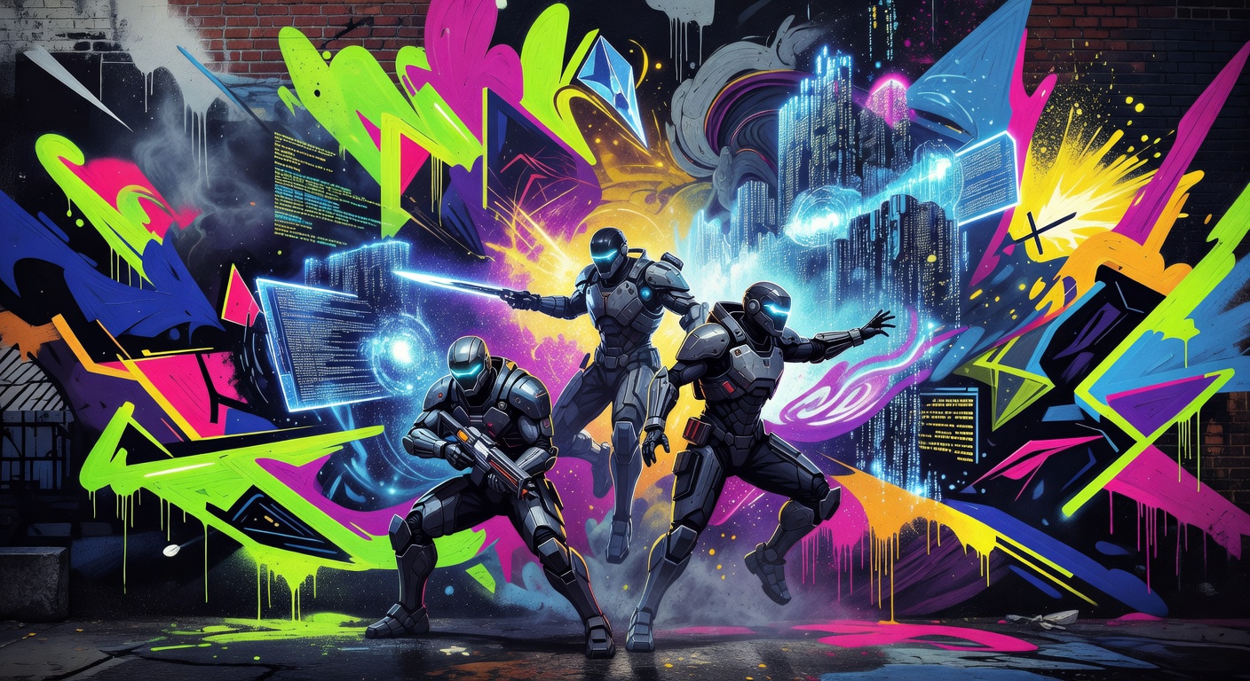 Abstrakte futuristische Sci-Fi-Szene mit generischen Raumkriegern und neonfarbenem Hintergrund