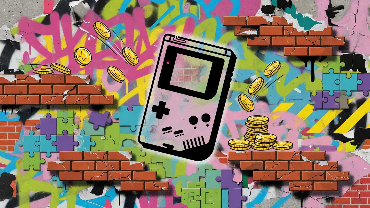 Bunte Retro-Gaming-Collage mit Handheld, Modul-Silhouetten und Plattform-Elementen ohne Logos