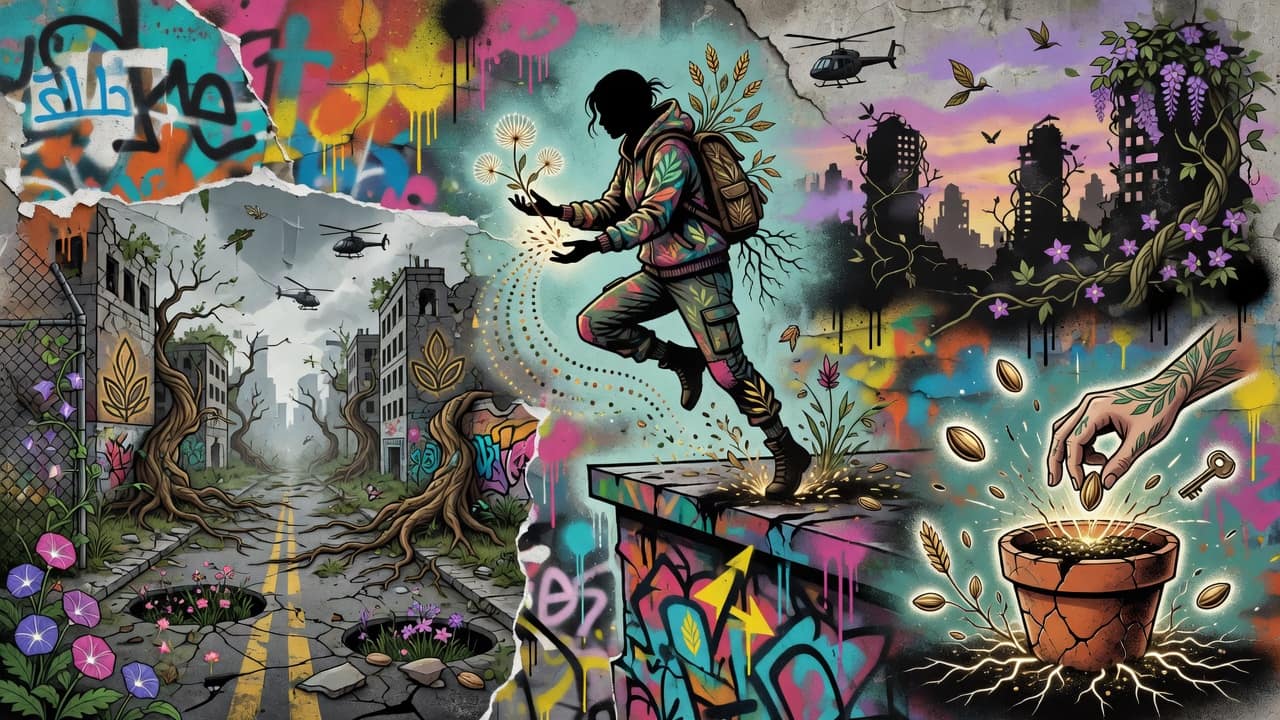 Farbenstarke Gaming-Collage mit Soldat, Kind, schwebenden Ruinen, Windböen und leuchtendem Weltenbaum in Street-Art-Stil ohne Logos