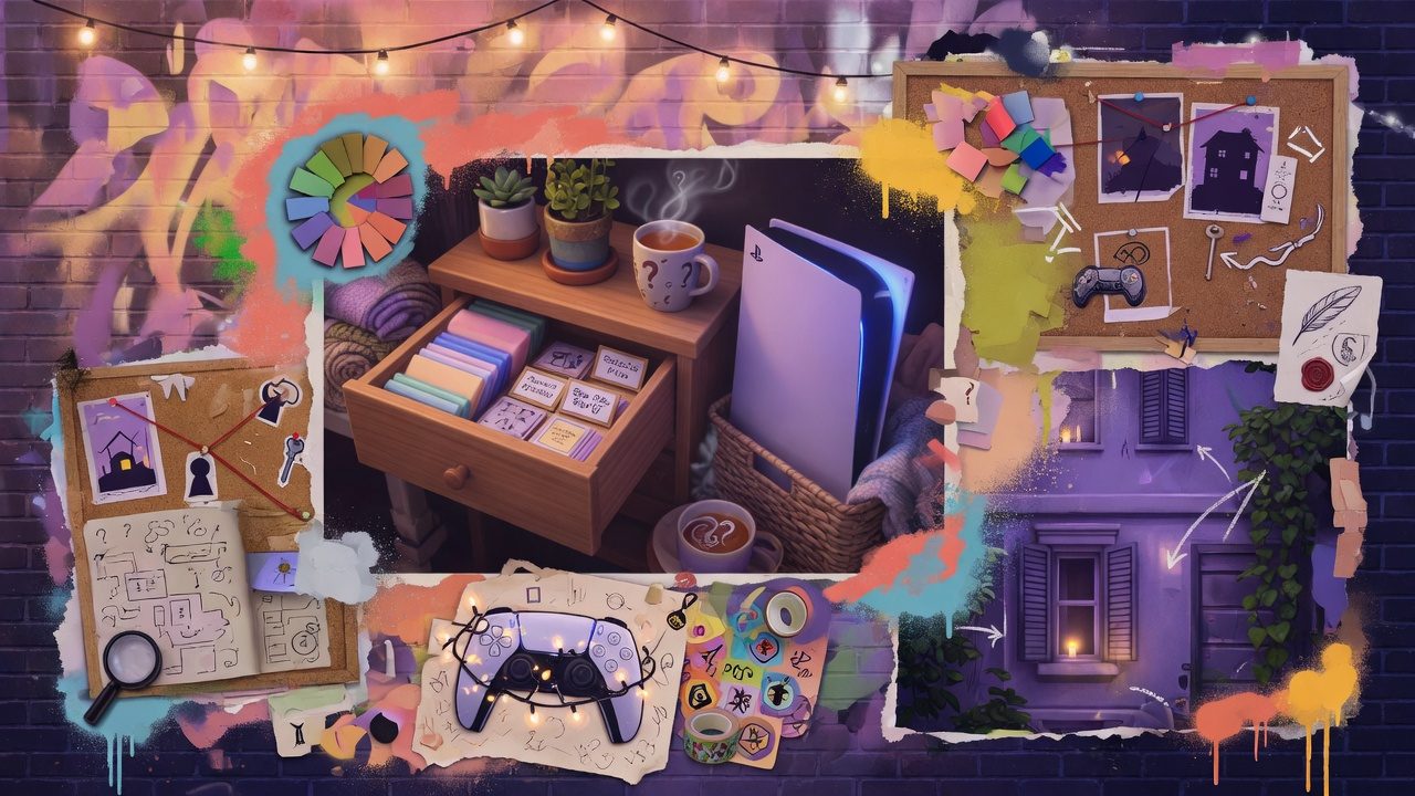 Gemütliche Gaming-Collage mit aufgeräumtem Zimmer, Pflanzen, Kisten und geheimnisvollen Details ohne Logos oder bekannte Figuren