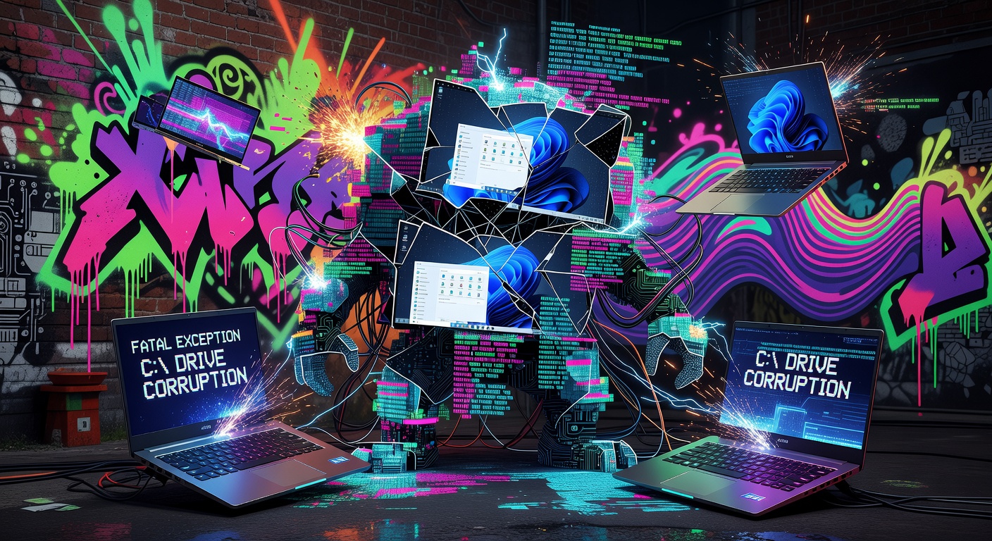 Gaming-Laptop mit Warnsymbol vor abstraktem Systemhintergrund