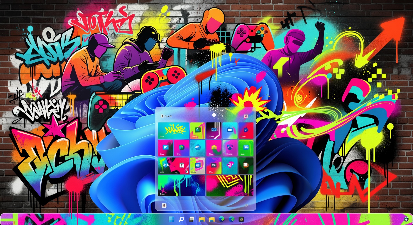 Abstrakter Desktop mit variabler Taskleisten-Position in buntem Gaming-Stil