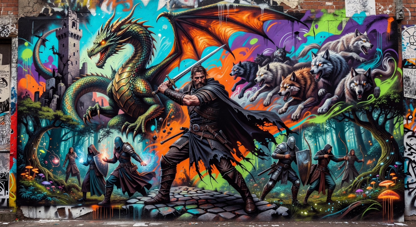 Düstere Fantasy-Landschaft mit Schwert, Lagerfeuer und Kartenmotiv als generische Gaming-Illustration ohne Logos