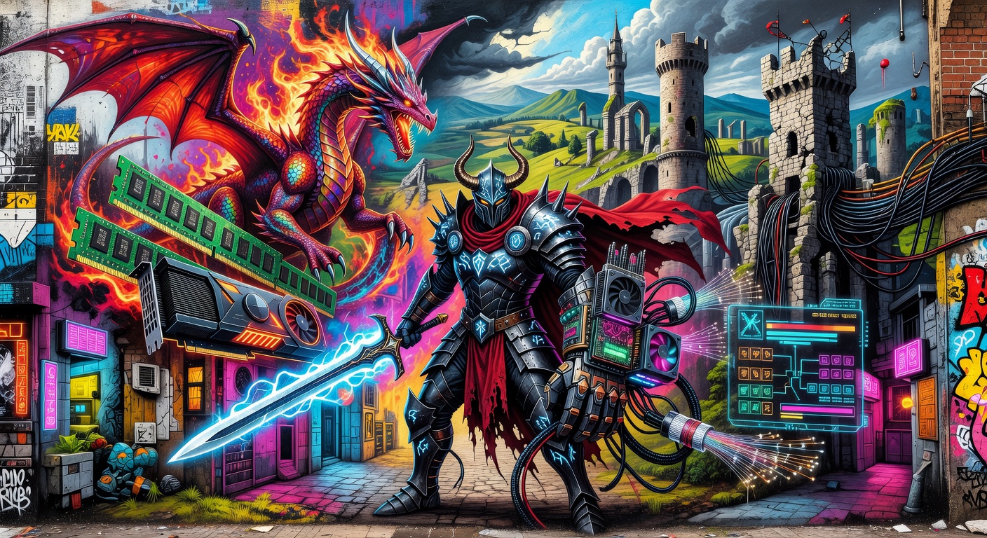 Abstrakte düstere Fantasy-Stadt mit Gaming-PC, SSD-Symbol und System-Upgrade-Motiv ohne Logos