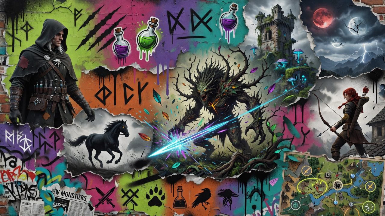 Düstere Fantasy-Collage mit weißhaariger Jägerin, Medaillon, Waldpfad und Burgsilhouette ohne Logos oder bekannte Figuren