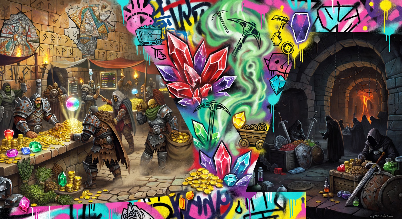 Abstrakte Fantasy-Dungeon-Szene mit Gruppe, Schatz und magischen Effekten