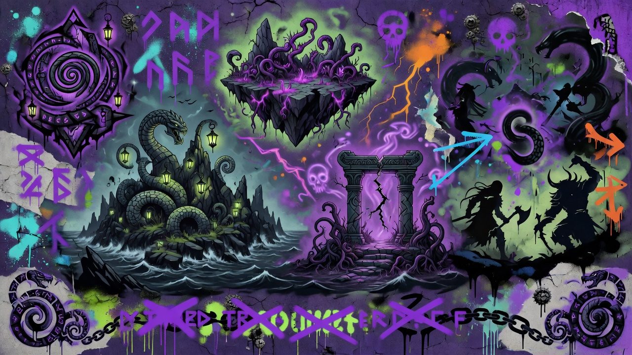Düstere Fantasy-Collage mit giftgrüner Insel, schlangenartiger Bedrohung, Raid-Atmosphäre und Abenteurern ohne Logos oder bekannte Figuren