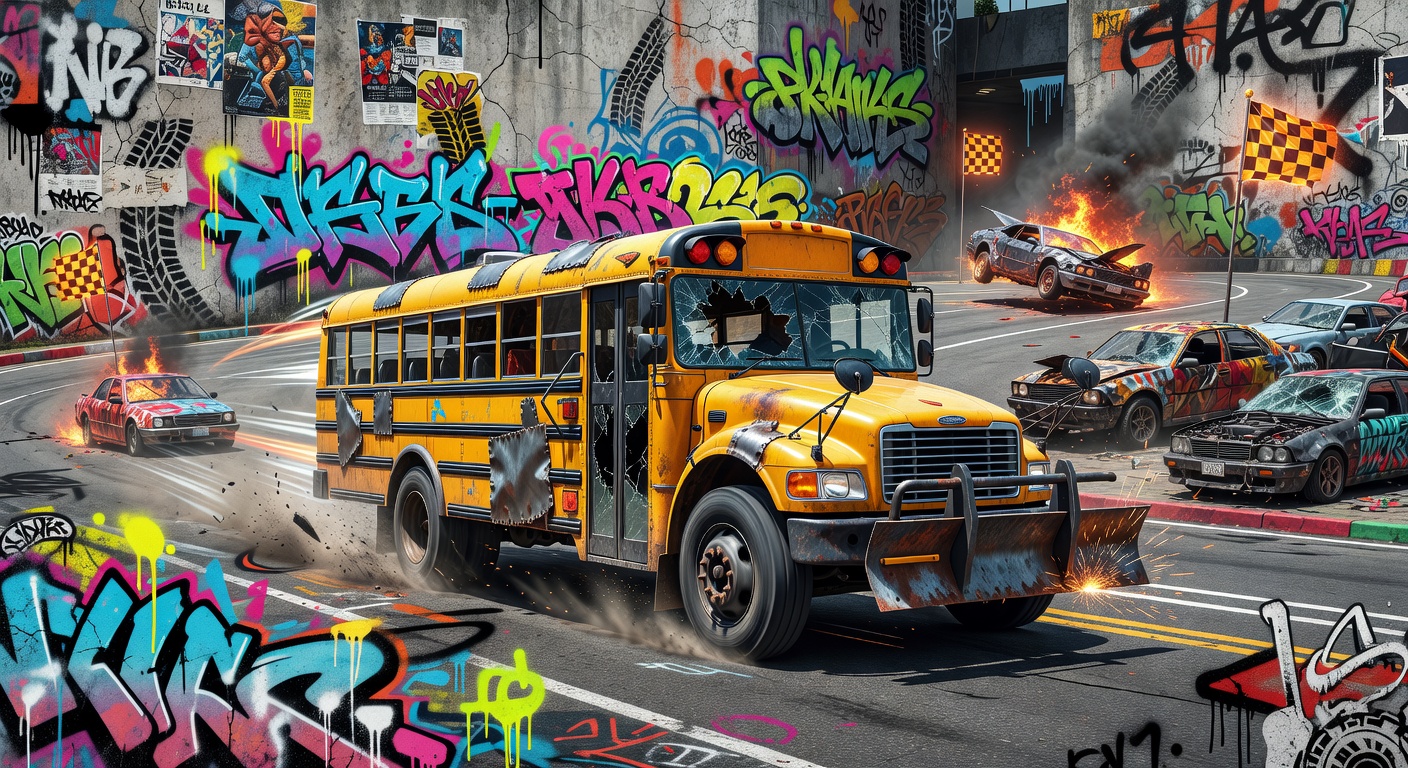 Chaotische Wreckfest-2-Rennszene mit Schulbus und zerstörten Muscle Cars