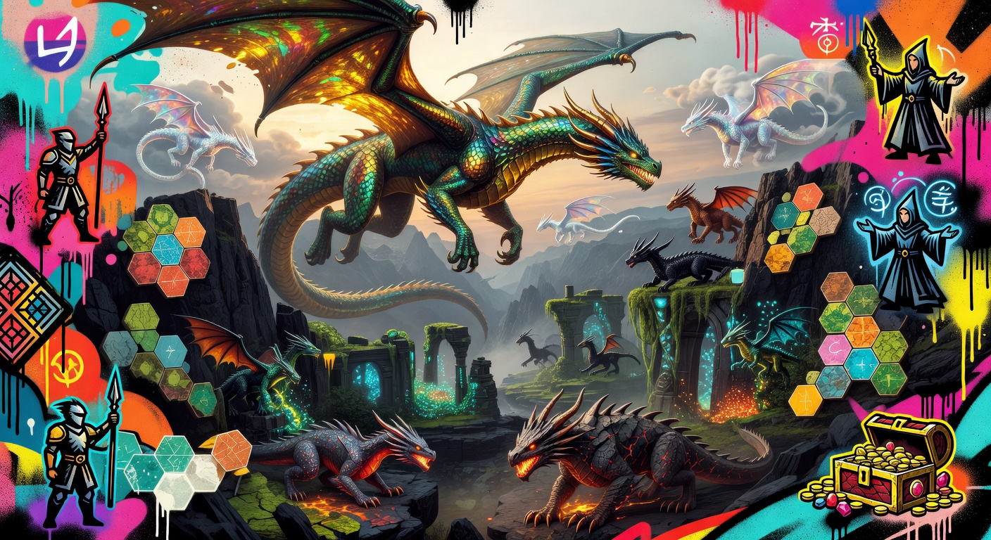 Fantastische Drachen in einer stilisierten Höhlenlandschaft mit Brettspiel-Strategie-Atmosphäre