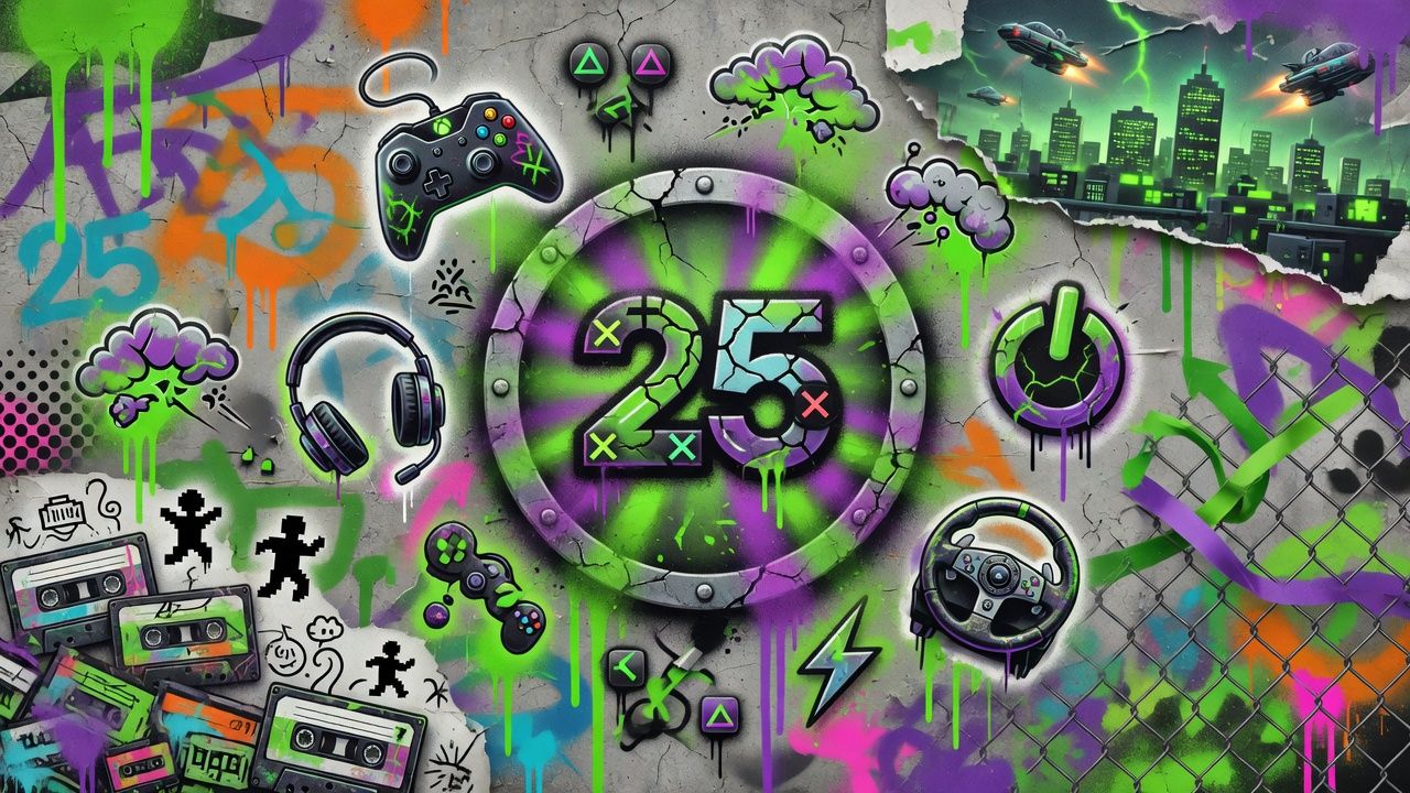 Bunte Gaming-Collage mit Profilsymbol, Controller und Jubiläumsstimmung ohne Logos oder Markenfiguren