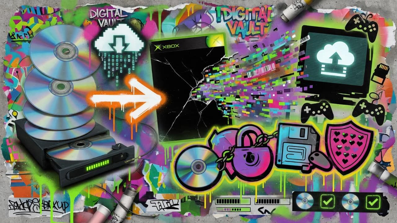 Abstrakte Gaming-Collage mit Disc, Konsole und digitalem Bibliothekswechsel in kräftiger Street-Art-Optik ohne Logos