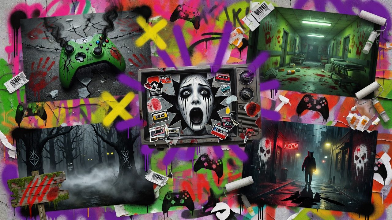 Bunte Horror-Gaming-Collage im Street-Art-Stil mit Monitoren, Neonlicht und unheimlicher Sommernacht ohne Logos