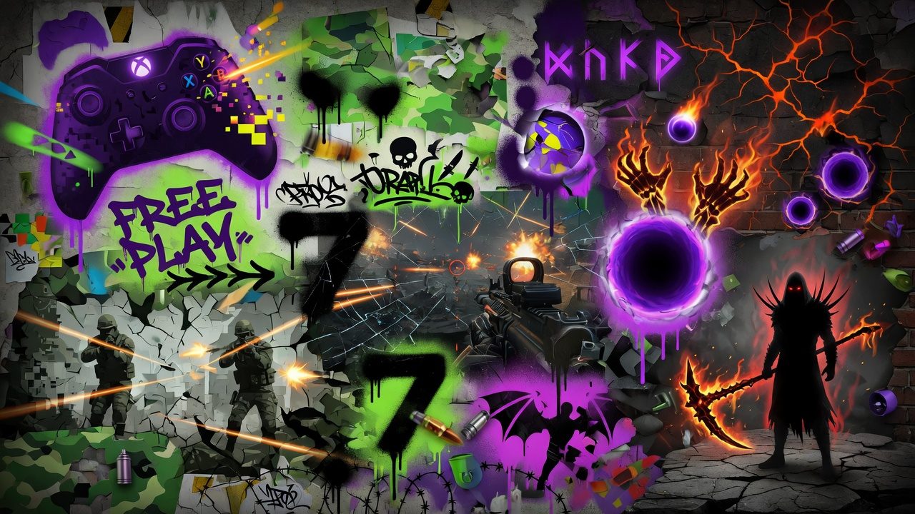 Abstrakte Gaming-Collage mit futurischem Soldaten, düsterer Fantasy und tropischer Insel ohne Logos oder Markenfiguren