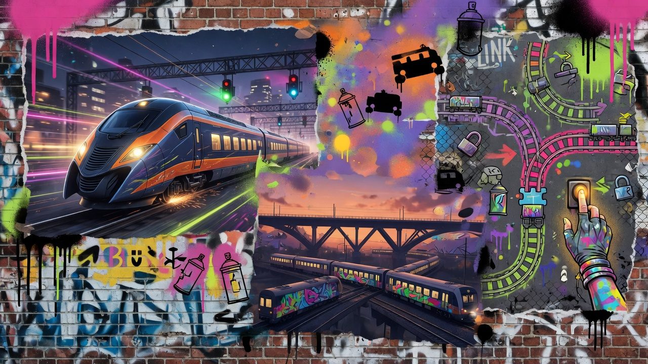 Bunte Gaming-Collage mit Zugstrecke, rauer Wildnis und futuristischer Roboterwelt ohne Logos oder bekannte Figuren