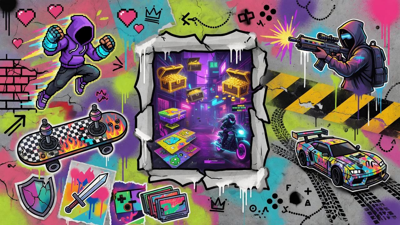 Bunte Gaming-Collage mit futuristischen Soldaten, stilisiertem Sportmotiv und einem Abenteuerduo ohne Logos oder Markenfiguren