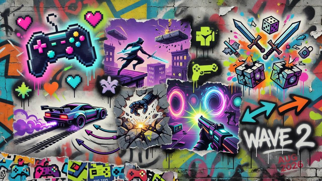 Futuristische Gaming-Collage mit düsterer Insel, Traumlandschaft und stilisierter Dungeon-Action ohne Logos oder bekannte Figuren