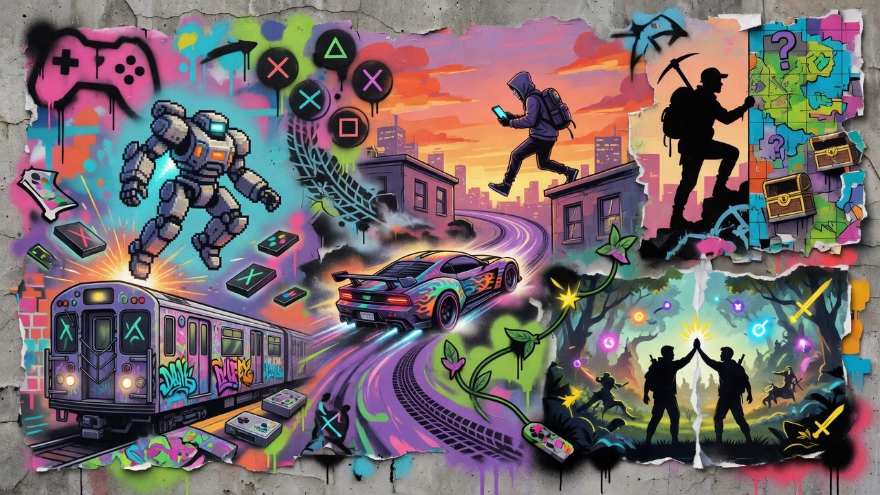 Dynamische Gaming-Collage mit futuristischem Soldaten, postapokalyptischer Landschaft und Abo-Bibliothek ohne Logos