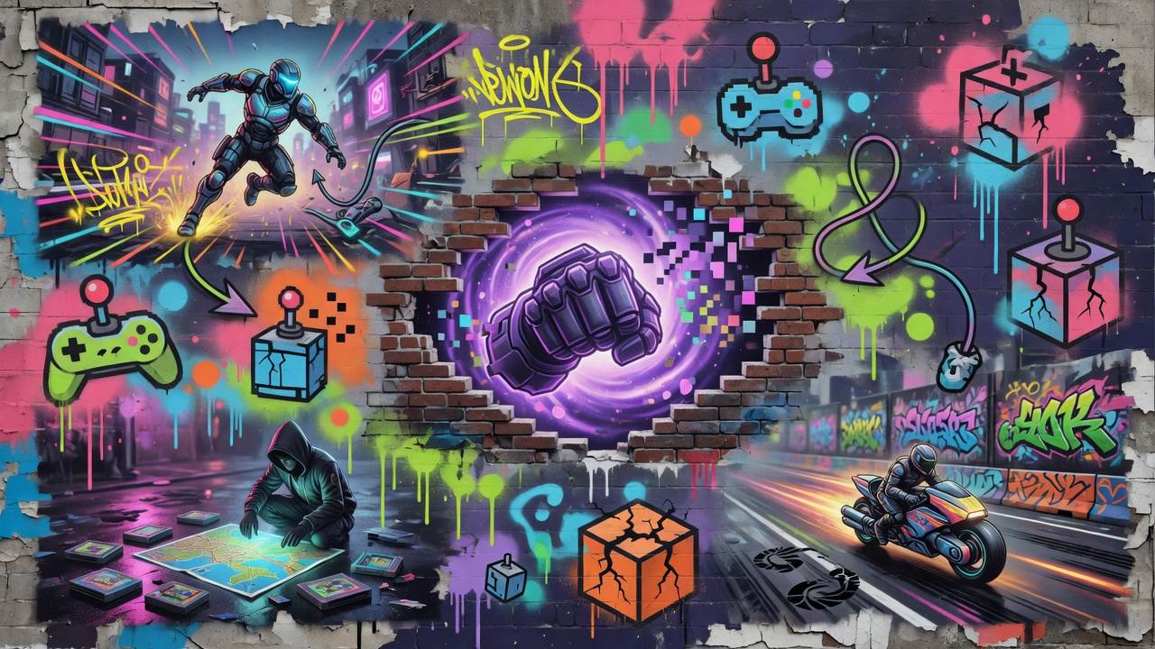 Futuristische Gaming-Collage mit Sci-Fi-Soldat, rauer Wüstenlandschaft und stilisiertem Action-Rollenspielhund ohne Logos oder Markenfiguren