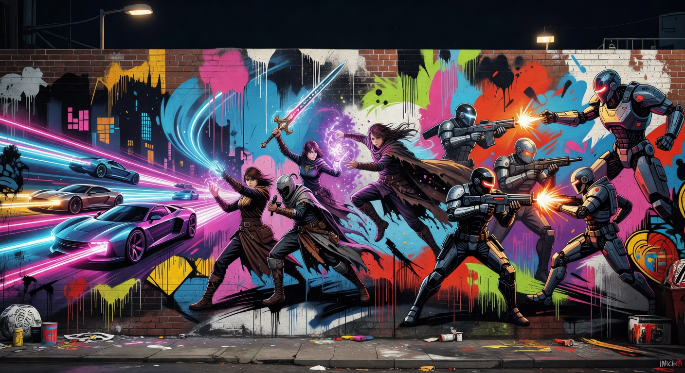 Abstrakte Gaming-Collage mit Sci-Fi, Boxring und Cozy-Fantasy ohne Logos