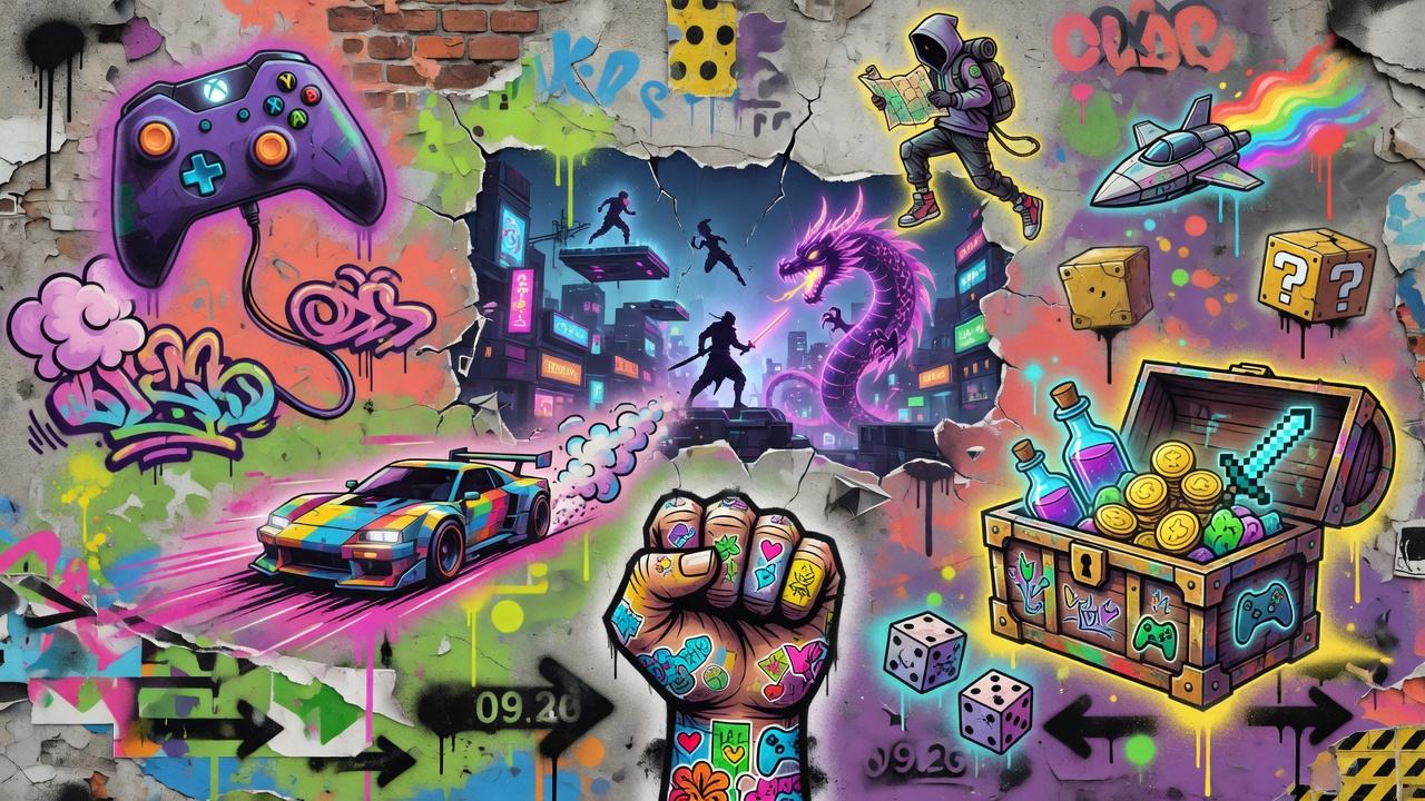 Dynamische Gaming-Collage mit Controller, Fantasy-Landschaft und taktischer Action in farbiger Street-Art-Optik ohne Logos